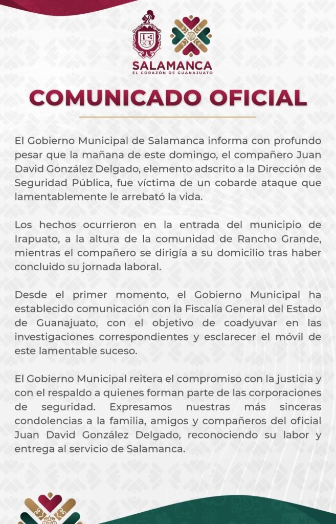 Asesinan a policía de Salamanca en Irapuato; suman 22 agentes caídos en Guanajuato en 2025