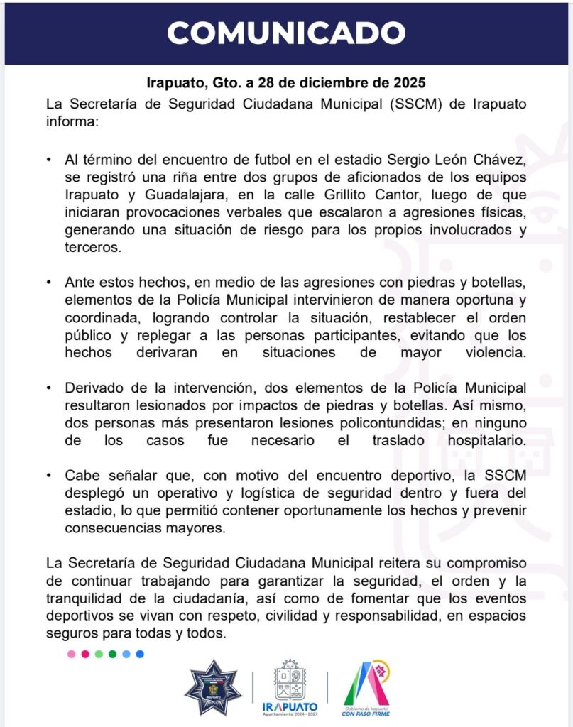 Días después de disturbios en el partido contra las Chivas, Club Irapuato condena violencia y advierte consecuencias
