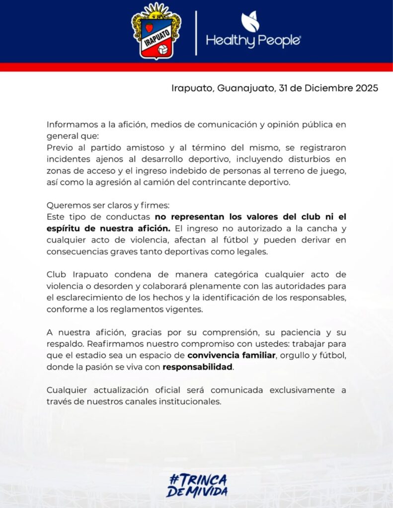 Días después de disturbios en el partido contra las Chivas, Club Irapuato condena violencia y advierte consecuencias
