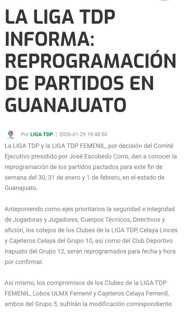 Por seguridad, Liga TDP reprograma partidos en Irapuato y Celaya tras masacre en Salamanca