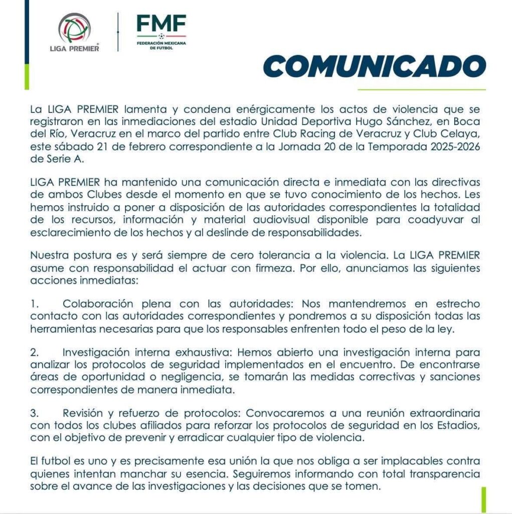 Aficionado del Club Celaya es asesinado tras riña con porras en Boca del Río; Liga Premier anuncia asamblea por violencia
